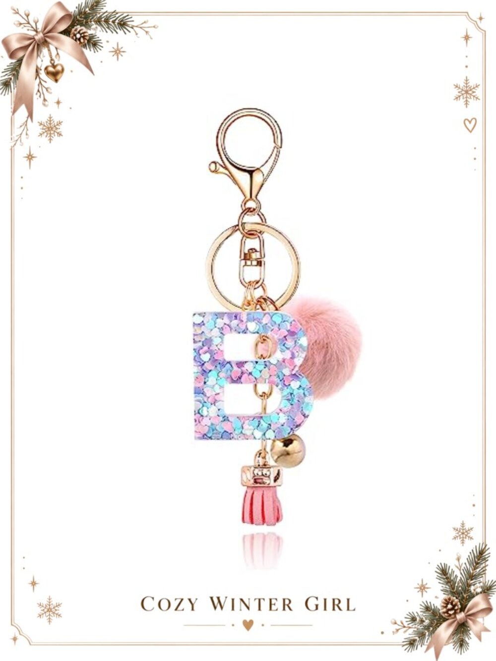 Epoxy Resin Alphabet Initial Keychain with Faux Rabbit Fur Pom